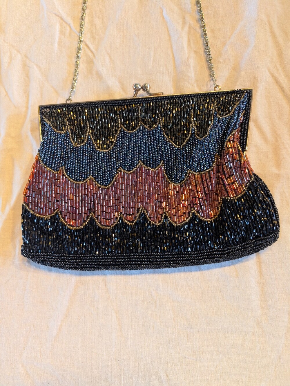2/60$ Vintage Beaded Clutch Wristlet - Black , Red And Blue